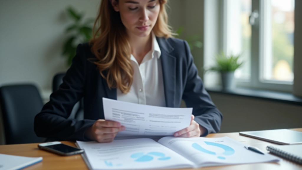 Person reviewing financial reports at desk with multiple documents and notebook